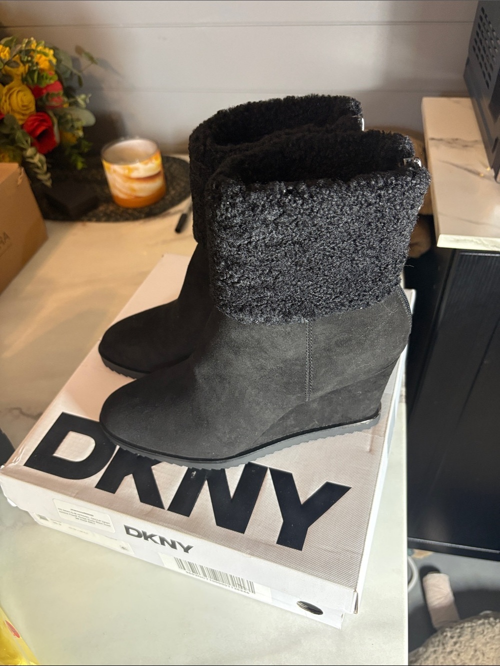 DKNY Black Suede Wedge Ankle Boots with Faux Shearling Cuff